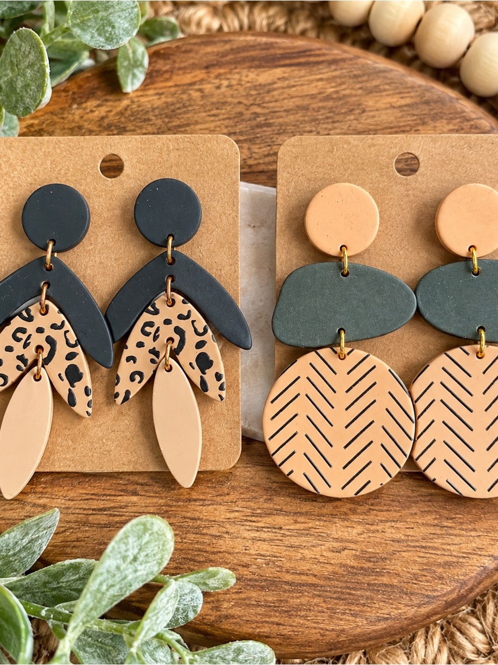 Handmade Beige & Black Polymer Clay Statement Earrings - Women Accessories